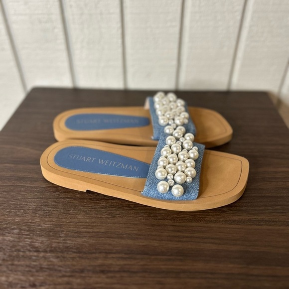 Stuart Weitzman Shoes - Stuart Weitzman Goldie Faux Pearl Embellished Slides, size 8B.